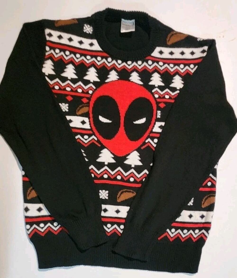 MARVEL COMICS DEADPOOL GRAPHIC PRINT SWEATER, size Large, Black & Red